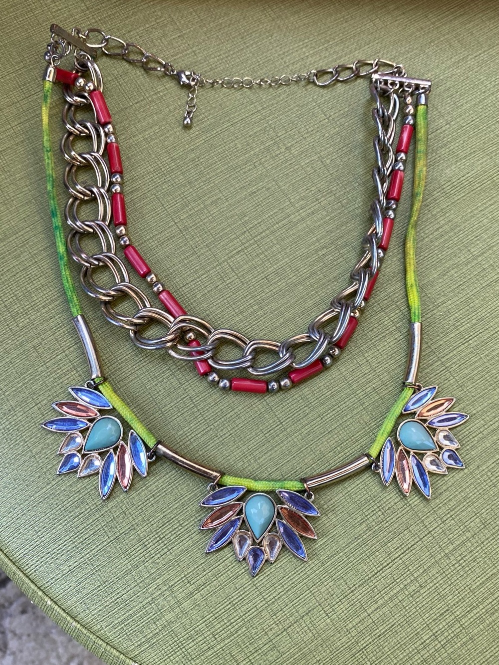 Multi-Color Statement Necklace with Green Cord and Red Accents